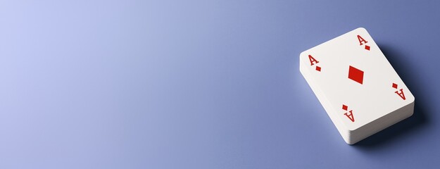 Obraz premium Stack of playing cards with ace of diamonds on top placed on blue background with empty copyspace for design or creative template mockup.