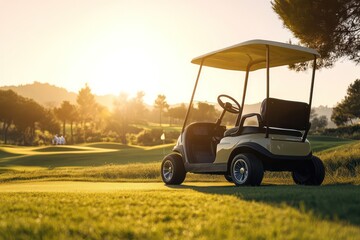 Stylish golf cart parked on scenic golf course
