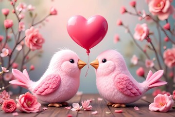 Love birds and hearts. Love birds on a flower background. Valentine's Day background illustration. Illustration of birds and flowers.