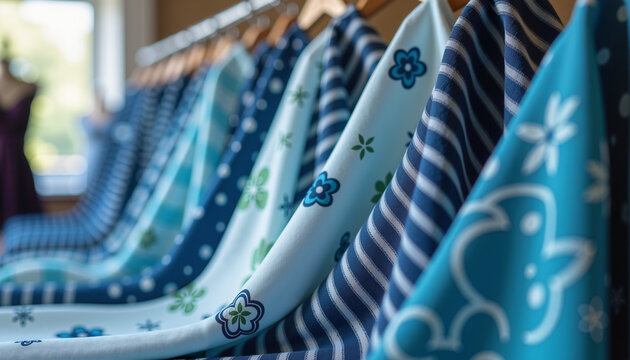 Colorful patterned fabric hanging on a rack in a textile store   - Powered by Adobe