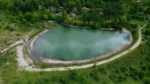 Aerial drone view Top Down of Lago Mandria del Conte in the Madonie mountains Sicily