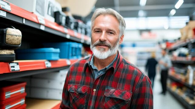 Man shopping in hardware store with relaxed smile while browsing tools and supplies during daytime