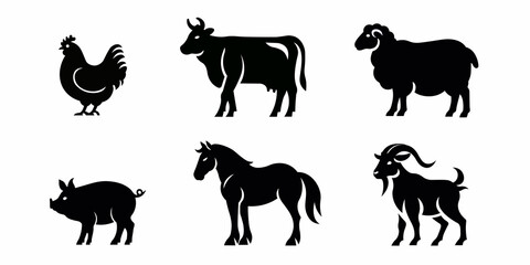 Silhouettes of Farm Animals. Cow, Pig, Sheep, Lamb, Hen, and Horse. Farm Animals icons isolated on white background. Vector livestock icons.