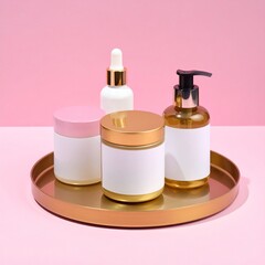 a product shot of cosmetic containers with white labels on a gold tray, display cosmetics, bottle cosmetics