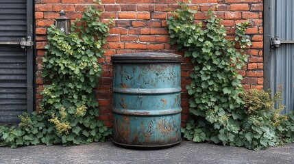 Naklejka premium Rusty barrel, urban setting, brick wall, climbing vines. Industrial aesthetic, potential for advertising or design use
