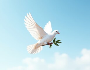 Obraz premium White Dove of Peace with Olive Branch in Flight - Symbol of Hope and Serenity