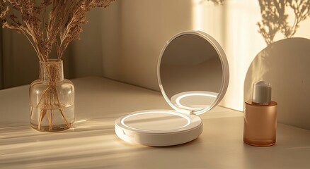 Illuminated makeup mirror, skincare products