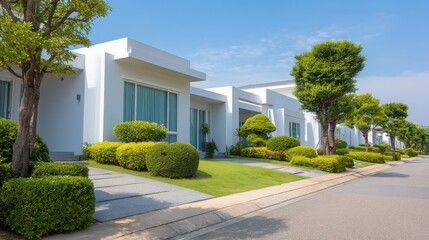 Naklejka premium Modern white houses among trees in suburban area under bright blue sky