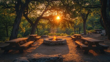 Sunset campfire, forest picnic tables, nature serenity