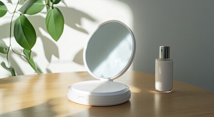 White compact mirror, lotion bottle on light wood table