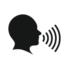 Human speaking icon template. Talk person sign or symbol, man with open mouth and sound wave , Voice command, speech icon for interact, vector illustration on white background