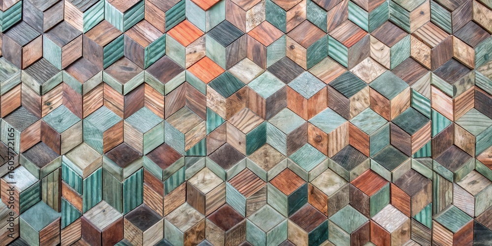 Aufkleber a geometric pattern of wooden cubes, each with a unique grain and color, creating a visually appeali