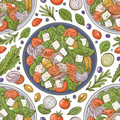 Greek Salad Vector Illustration with Seamless Pattern Design