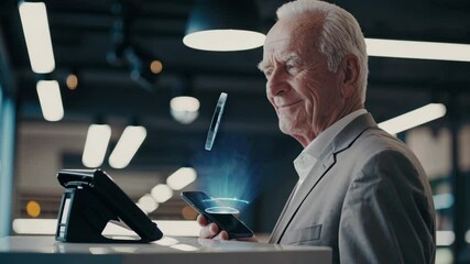 An elderly man interacts with a futuristic digital interface in a modern office environment. A hologram of Bitcoin appears above the terminal. - Powered by Adobe