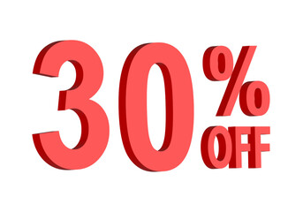 30 percent off discount text graphic in bold red 3D letters, for promotional sale banner icon, coupons, and special offers, marketing design element, boosting savings and shopping deals	