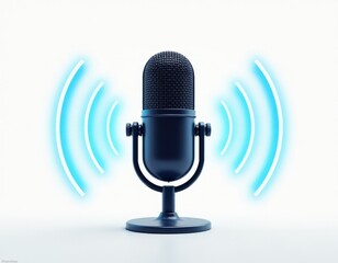 Retro Microphone with Blue Sound Waves - Podcast, Radio, Broadcasting Concept