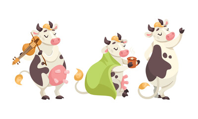 Delightful and Charming Cartoon Cows Happily Playing Various Musical Instruments While Enjoying Life