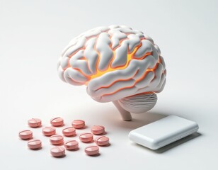 Illuminated Brain with Pills and Pill Case - Mental Health Concept