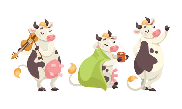Delightful and Charming Cartoon Cows Happily Playing Various Musical Instruments While Enjoying Life