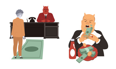 A satirical illustration that depicts the themes of greed and corruption in society vividly