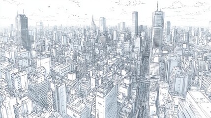 Naklejka premium Urban Skyline Sketch, Aerial View, Cityscape, Daytime