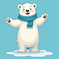 Fototapeta premium Polar Bear Vector Cartoon Snow Scarf Sitting Cute Animal Winter Illustration
