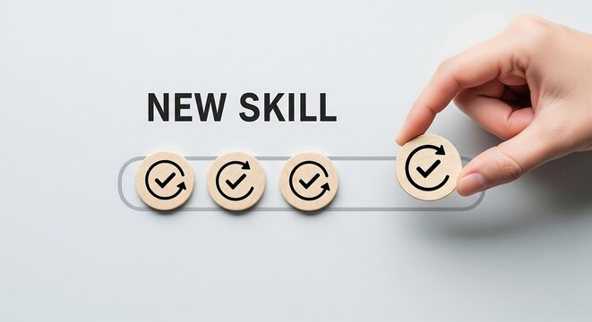 Achieving a new skill through learning and development with checkmark progress concept