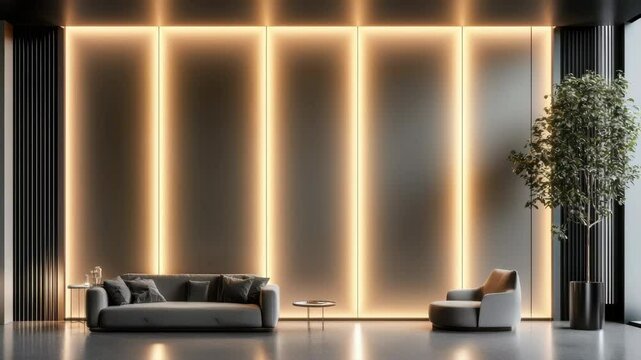 Modern lounge with illuminated wall panels and cozy seating design