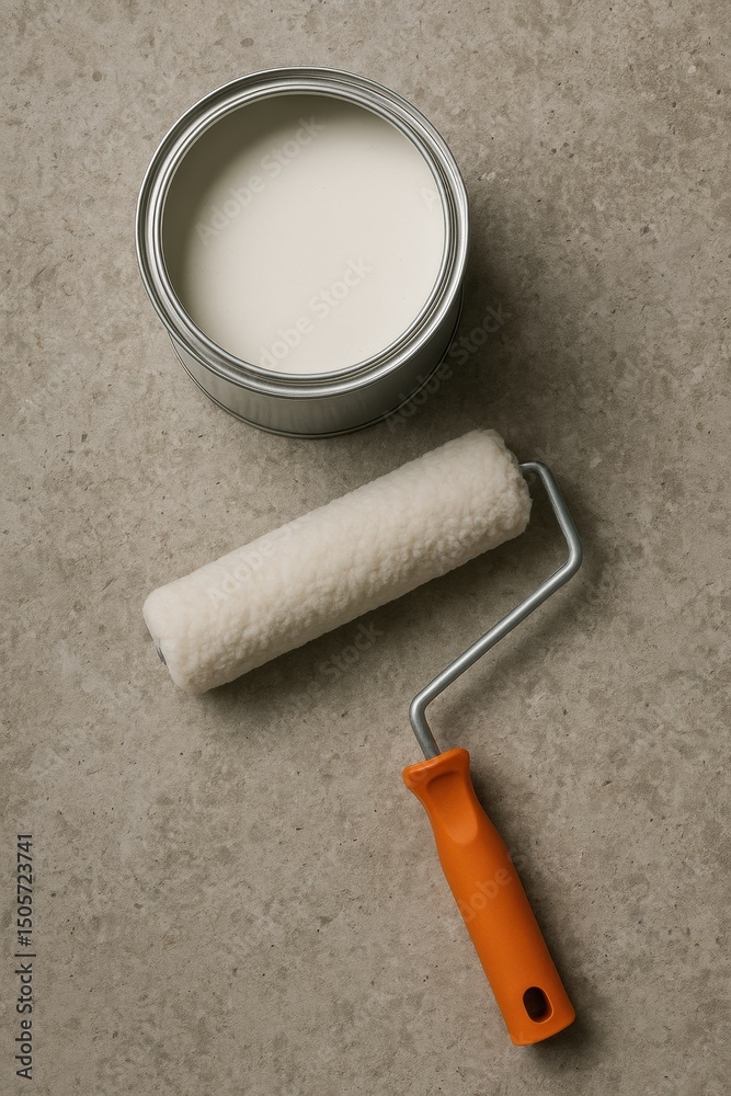 Poster painting tools on a textured surface with a fresh can of white paint and a roller ready for applicat