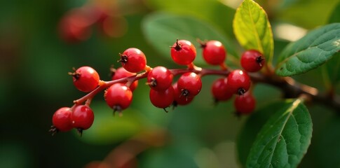 Obraz premium Close-up view of red berries on Ruscus aculeatus sprouts, plant details, ruscus aculeatus