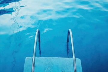 Obraz premium Blue Pool with Metal Ladder Reflecting Sky