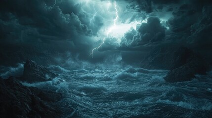 A stormy ocean with massive waves crashing under a dark, lightning-filled sky.