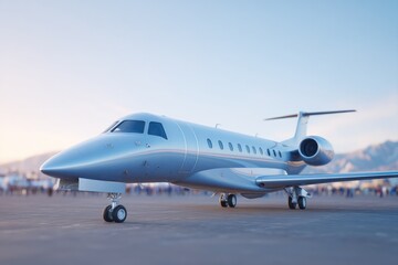 sleek private jet rests on tarmac under clear skies its metallic sheen gleaming in sunlight