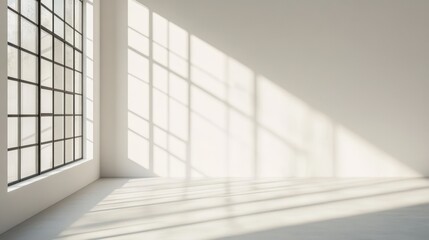 Minimalist Empty Room with Large Windows Casting Geometric Sunlight Shadows