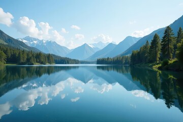 Symmetrical lake reflections, calm water surface, serene, reflection, symmetry