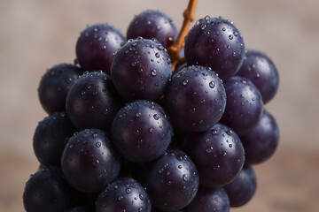 Fototapeta premium Close-up of fresh, dewy purple grapes glistening under soft light, showcasing their natural beauty and juicy texture. Perfect for health, fruit, and culinary themed projects.