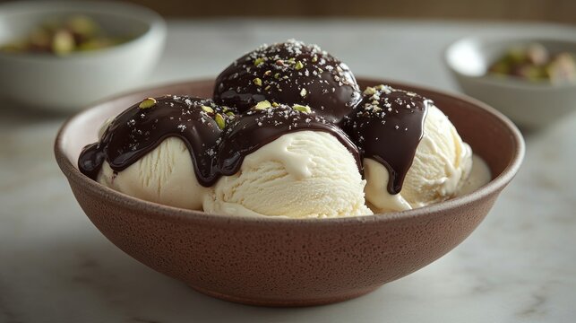 Chocolate-drizzled ice cream scoops in a bowl