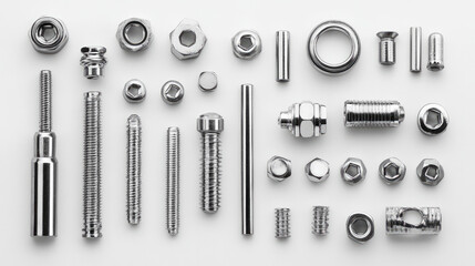Different tap bolts, screws, and chrome nuts are arranged and isolated on a white background. 
