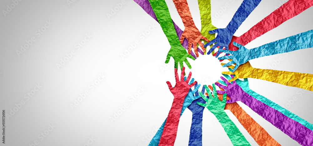 Poster Collaboration And Solidarity as inclusion and multicultural community Unity and teamwork concept as a business metaphor for joining a partnership as diverse hands connected together.