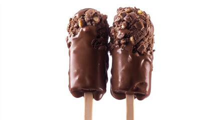 Obraz premium Ice cream on wooden sticks with a white chocolate coating and a milk chocolate and nut frosting. On a white background, isolate 