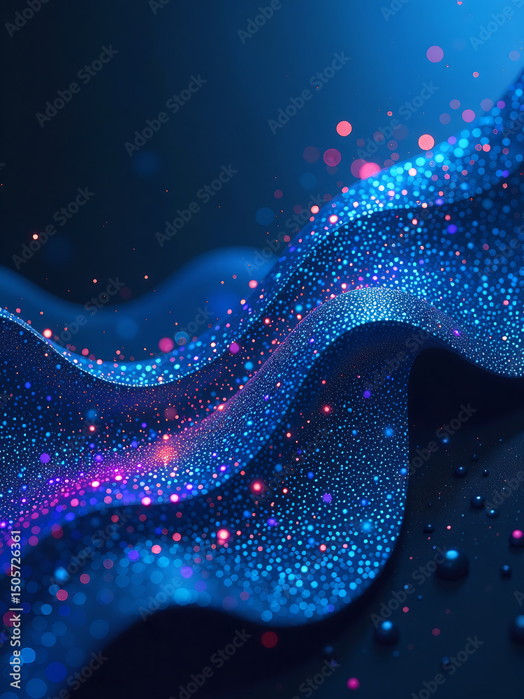 Poster dark blues neons create vibrant textured design gradients wave patterns metallic elements noisy granular