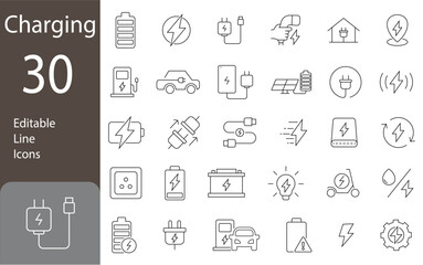 Charging Editable Line Icons Set. battery, energy, electricity, containing charge, charger, recharge, electric car and charging station web icons. Vector illustration.