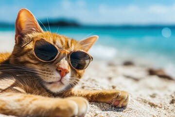 Cat Relaxing on Beach in Summer Vacation