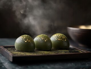 Three green matcha desserts with golden sprinkles on a wooden plate  