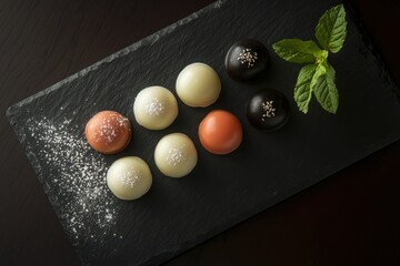 Assorted colorful desserts arranged on slate plate with mint leaves  