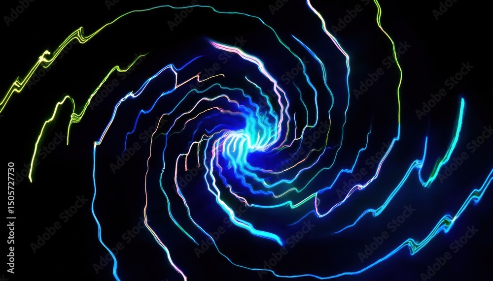 Poster vibrant neon vortex spiral with electric light trails on dark background for abstract web design, futuristic print, digital branding, or sci-fi visual concept

