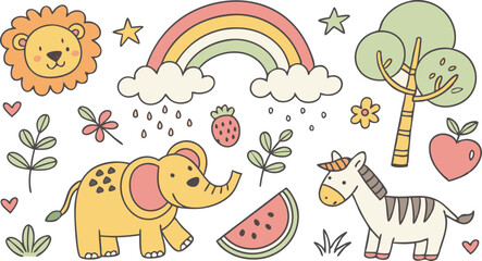 cute hand drawn doodle vector set,a seamless vector doodle illustration in black and white. love, Natural , firework, cloud, weather, rainbow, snow, heart and creative design vector collection.