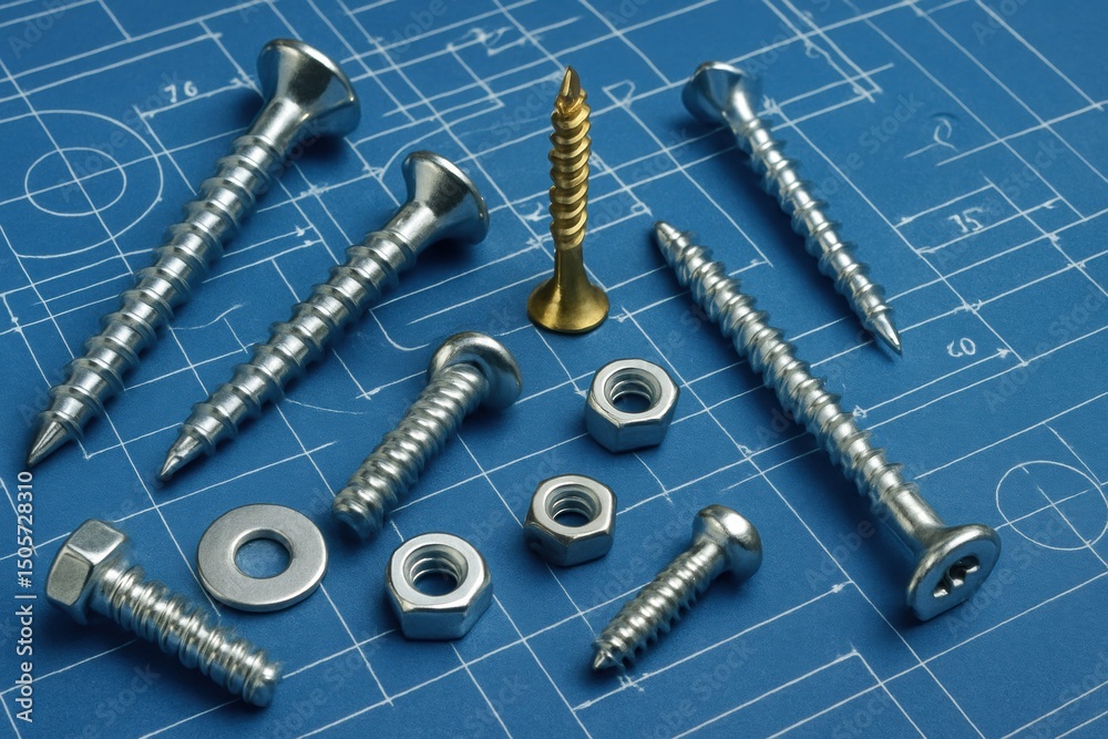 Aufkleber screws, nuts, and washers displayed on a blueprint background highlighting industrial design and ass