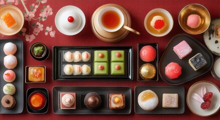 Elegant array of assorted desserts and tea