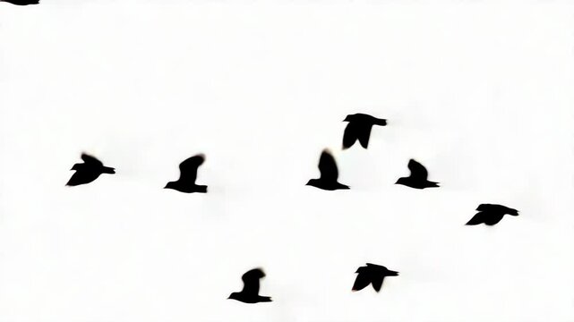 silhouette birds flying across white background in flock motion, minimal high contrast animal pattern aerial scene